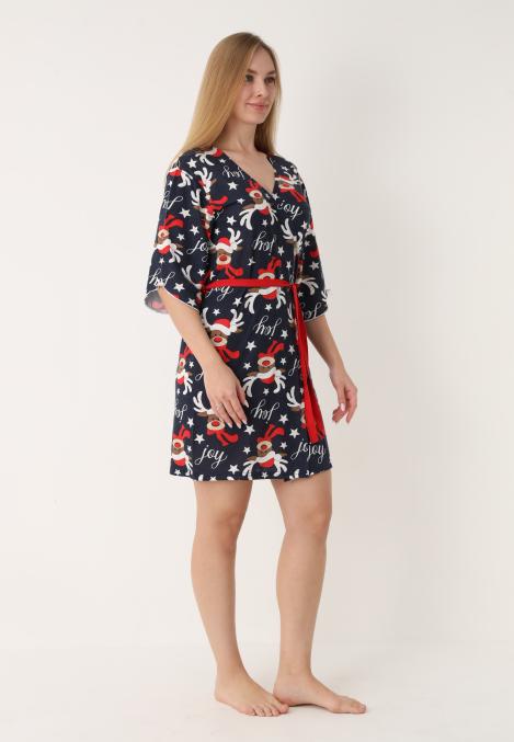 Halat dama Craciun,maneci 3/4,imprimeu reni ,culoare bleumarin ,En-gros